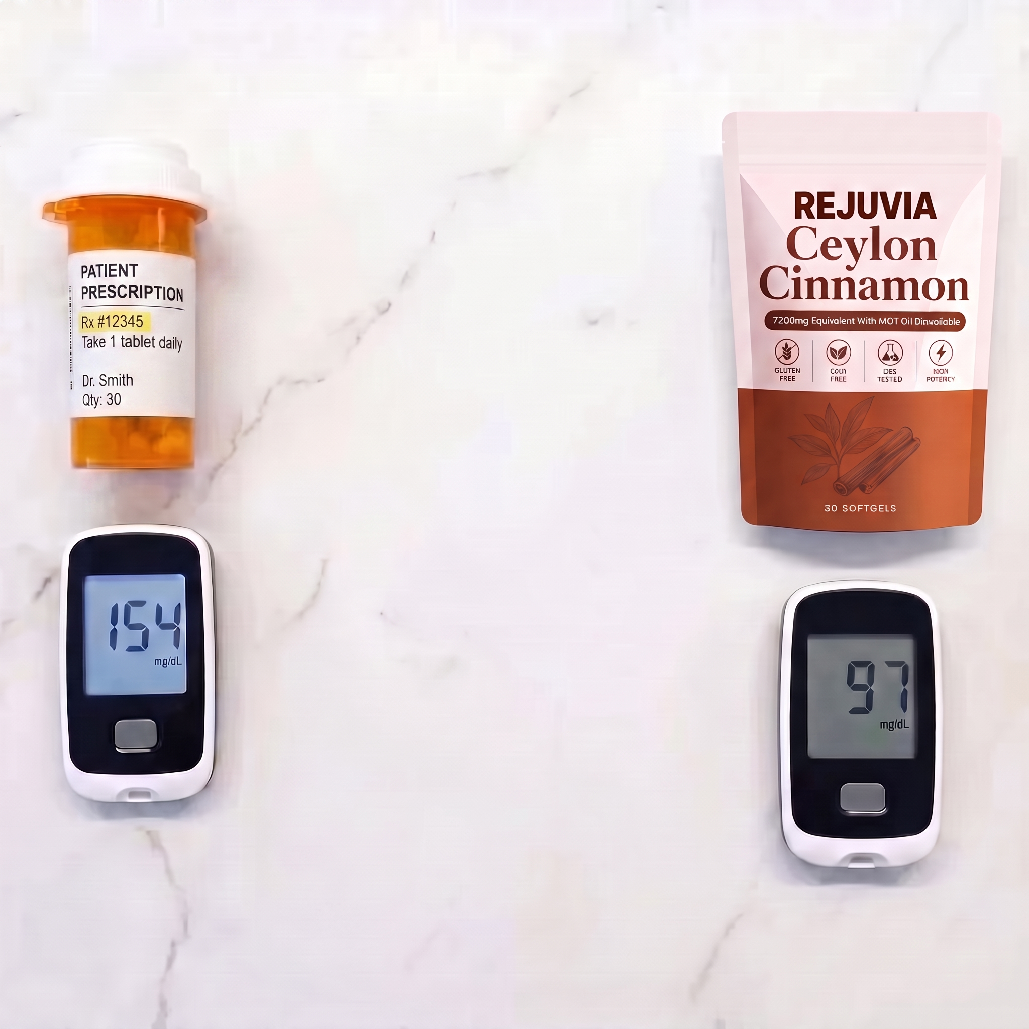 Before-and-after blood glucose comparison with Rejuvia Ceylon Cinnamon