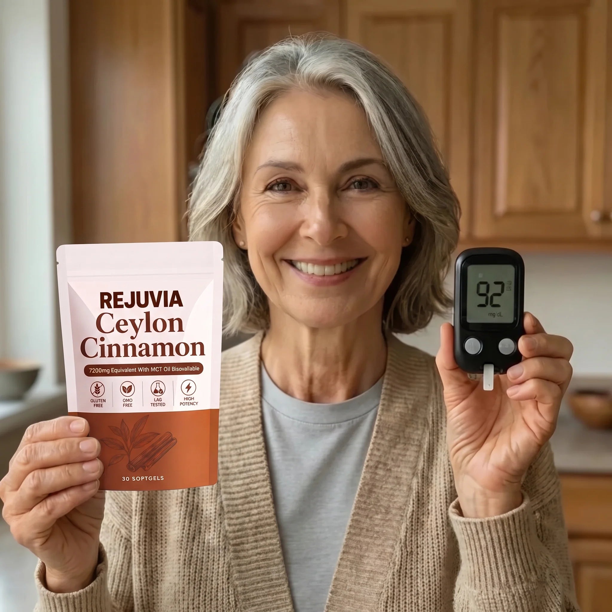 Woman holding Rejuvia Ceylon Cinnamon and showing a glucose meter
