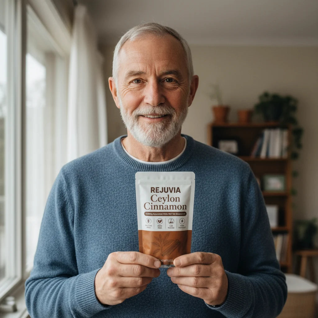 Thomas R. holding Rejuvia Ceylon Cinnamon